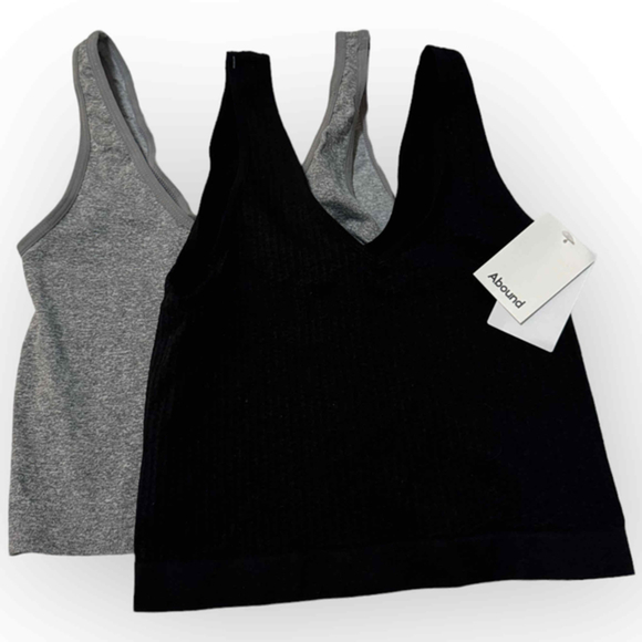 Abound Tops - Abound Double V Neck Crop Tank 2pk, Heather Grey & Black Ribbed: Sleek Duo 0882